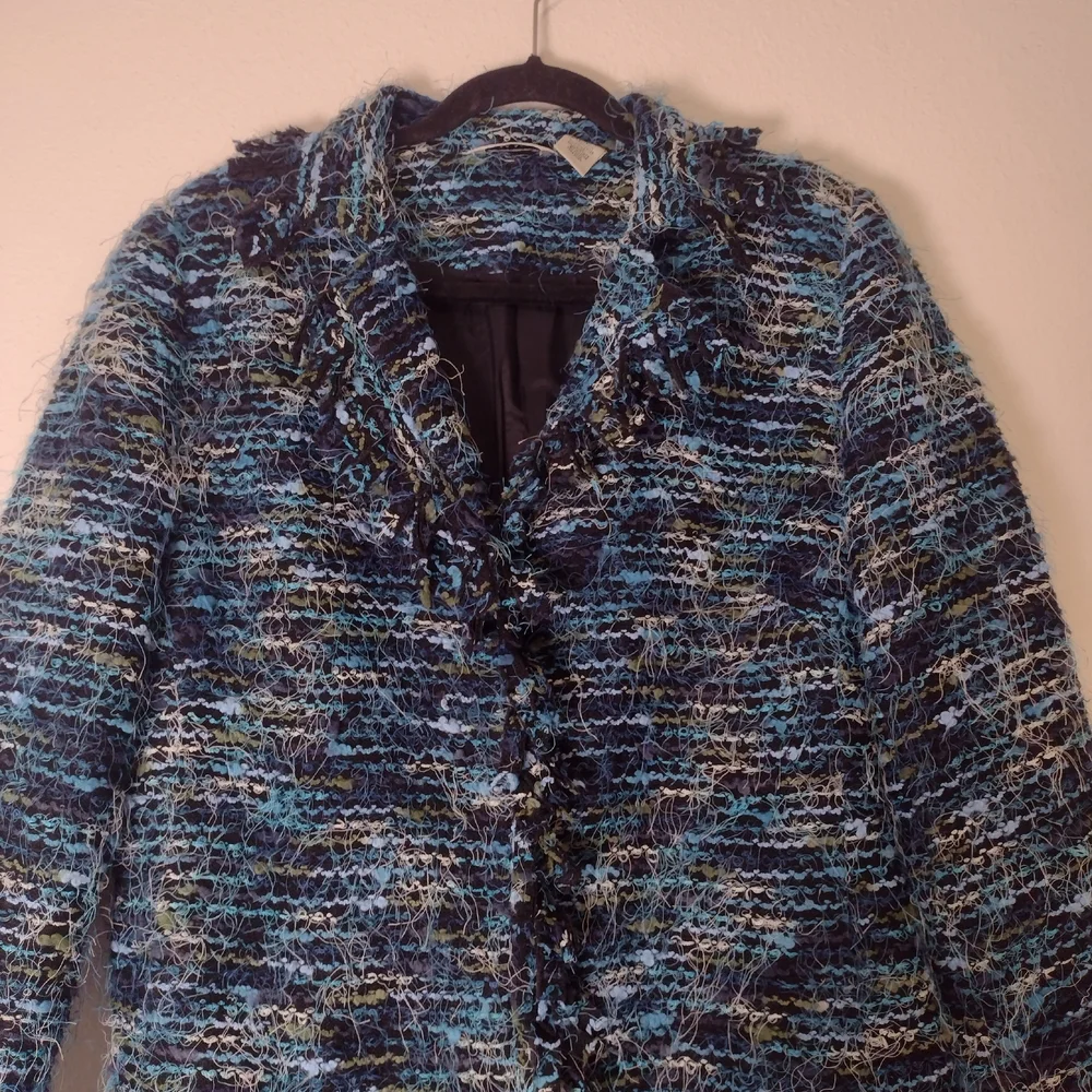 Laura Ashley Y2K Boucle Eyelash Fringe Coat Blue Green Black Stripe Size M